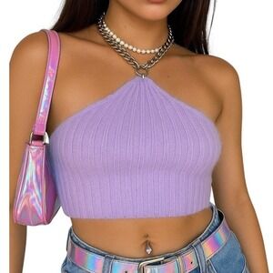 NEW PrettyLittleThing XS Lilac‎ Halter Top Chain Detail Fuzzy Knit Cropped Y2k